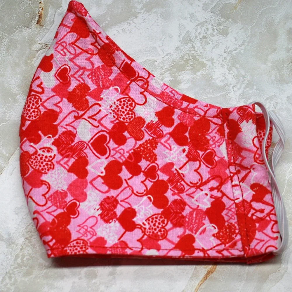 HAND CRAFTED Face Mask Hearts Pink Adult Cloth Fabric Print - Shield Style